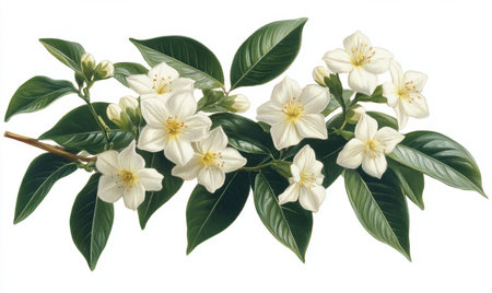 White jasmine flowers branch, botanical illustration, isolated, nature, for designの素材