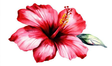 Red hibiscus flower watercolor painting, tropical, white background, floral designの素材