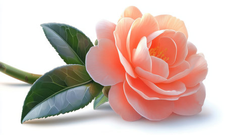 Peach camellia blossom, leaves, stem, white background; greeting cardの素材