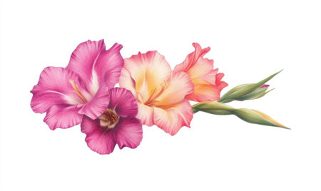 Pink and peach gladiolus flowers, elegant arrangement, white background, floral design, greeting cardの素材