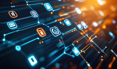 Smart home network, digital icons, futuristic technology, background glow, IoT illustrationの素材