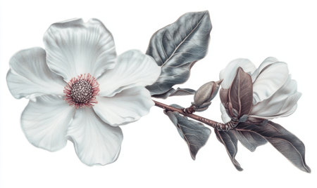 Elegant white magnolia blossoms, branch, bud, isolated, botanical illustration, for designの素材