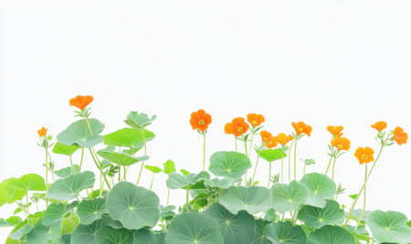 Orange nasturtiums blooming, garden, white background, spring, nature, botany, floral designの素材