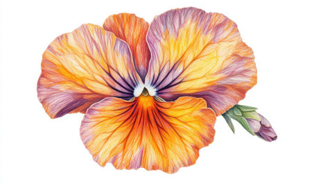Orange pansy flower bloom, close-up, white background, botanical illustration, greeting card designの素材