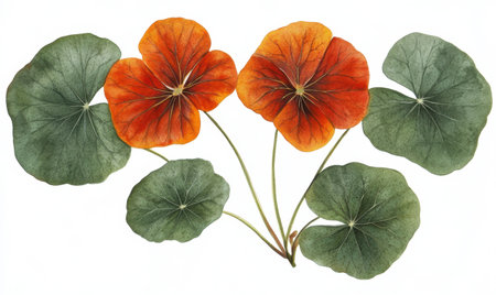 Pressed orange nasturtiums, green leaves, white background; botanical illustration, design elementの素材
