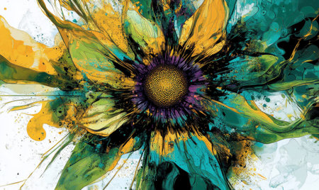 Vibrant abstract sunflower, teal accents, white background; home decorの素材