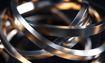 Abstract metallic rings, glowing edges, dark background, technology conceptの素材