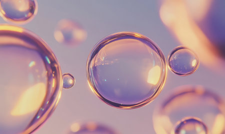 Floating iridescent bubbles, sunset background, abstract, design elementの素材