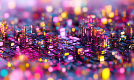 Futuristic city, vibrant lights, digital landscape, abstract art, tech backgroundの素材
