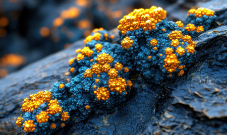Golden blue crystals on dark rock, macro view. Science fiction background, ideal for technology or fantasy conceptsの素材