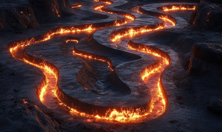 Lava flows through canyons at night; fiery landscape; digital artの素材