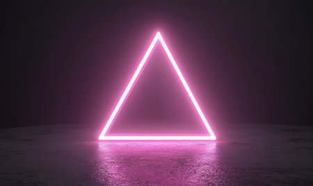 Pink neon triangle on dark floor, abstract background, for designの素材