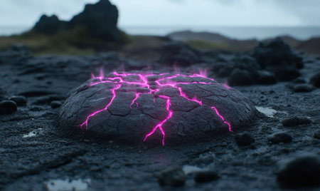 Glowing volcanic rock formation, coastal landscape, Iceland, fantasyの素材
