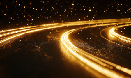 Golden light trails swirl on dark background, cosmic event, abstract art, for luxury designの素材