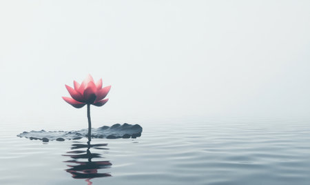 Serene pink lotus blossom on tranquil lake, misty background; ideal for meditation, peace themesの素材