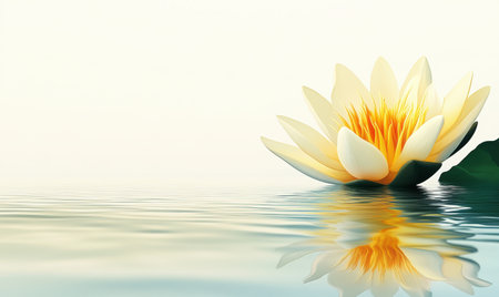 Serene yellow water lily floats on calm water,  spa background, peaceful nature sceneの素材
