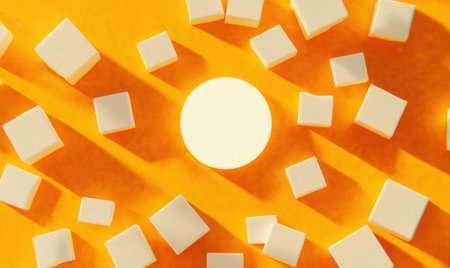 White circle and cubes on orange; abstract background, product displayの素材