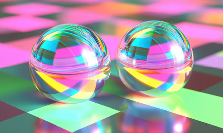 Two glass spheres reflect vibrant colors on a geometric surface; abstract background, ideal for technology or designの素材