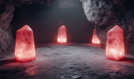 Glowing red crystals in dark cave, fantasy sceneの素材