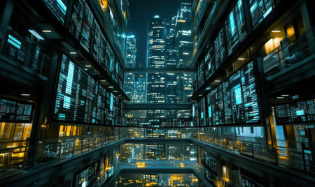 Cityscape Data Center Night; digital code displays, futuristic architectureの素材