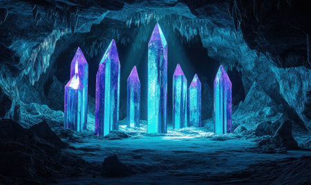 Glowing crystals illuminate icy cave; fantasy background; game assetの素材