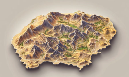 3D model of mountainous terrain, aerial view, geographical features, desert landscape, for geographical visualizationの素材
