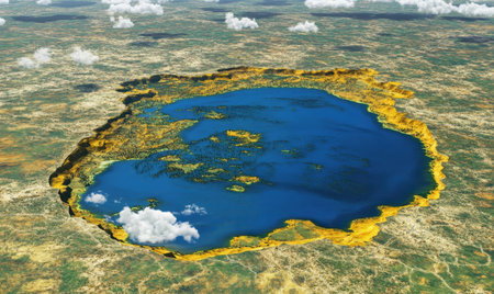 Aerial view of a large crater lake, surrounded by land and clouds; geological formation, natureの素材