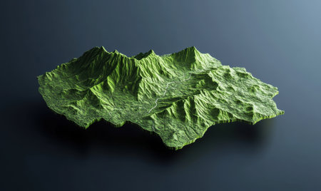 3D model of mountainous region, aerial view, textured green landscape, dark background, geographical visualizationの素材