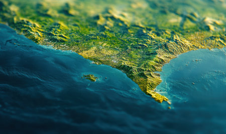 Aerial view of Southern California coastline, showing mountains and ocean; for travel or geography useの素材