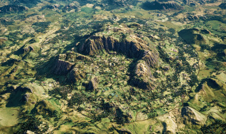 Aerial view of valley village nestled in mountainsの素材