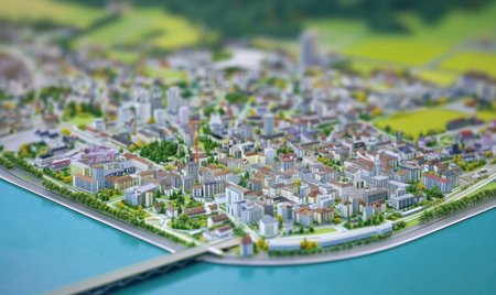 Cityscape model, river, bridge, aerial view, planning, architectural designの素材