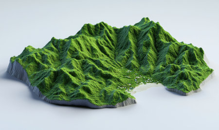 Island mountain range, coastal village, 3D model, travel brochureの素材