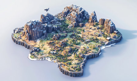 Island landscape, plane overhead, mountain range, game design,  backgroundの素材