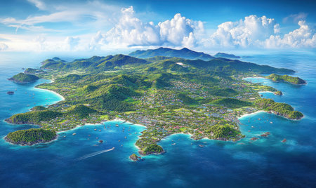 Tropical island aerial view, lush vegetation, turquoise waters, boats, tourism brochureの素材