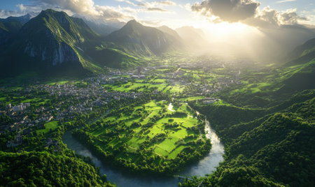 Sunset over valley town, river bends through green landscape, mountains backdrop; travel brochureの素材