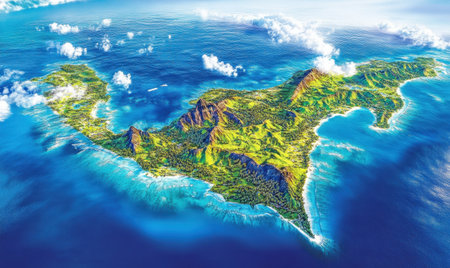 Tropical Island Aerial View Lush Landscape, Ocean, Clouds. Tourism, travel brochureの素材