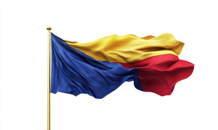 Romanian flag waving on a flagpole against a white backgroundの素材