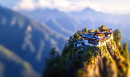 Mountaintop Monastery at Sunset, Bhutanese Himalayas, Peaceful Landscape, Travel Photographyの素材