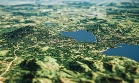 Aerial view of a valley, lakes, and roads. Background shows rolling hills. Ideal for travel brochuresの素材