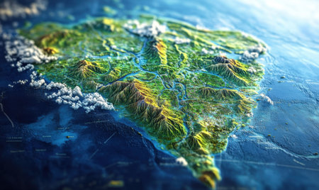 Island terrain, lush vegetation, rivers, mountains, ocean, aerial view, geographical map, tourism, travelの素材