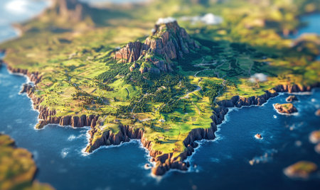 Island aerial view mountainous terrain, coastal scenery, ocean backdrop, travel brochure useの素材