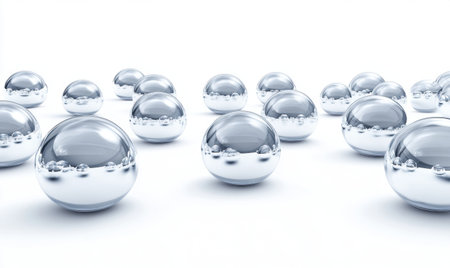 Chrome spheres scattered on white background; science, technology, designの素材