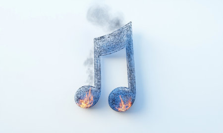 Burning musical note, smoky ashes, white background, concept art, loss of musicの素材