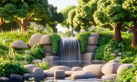 Serene waterfall in lush forest, sunlight dappling; nature background ideal for relaxationの素材