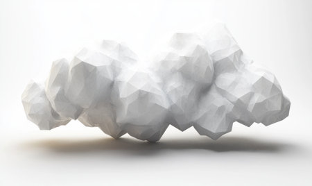 Low-poly white cloud, digital rendering, isolated on white, abstract background, 3D illustration, design elementの素材