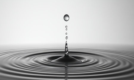 Water droplet falling, creating ripples on calm surface; pure, clean background; ideal for purity, serenity themesの素材