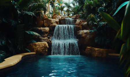 Tropical resort waterfall pool tranquility; serene escapeの素材