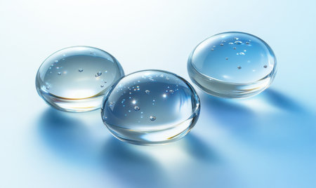 Three translucent spheres on blue background;  healthcare, purity conceptの素材