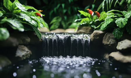 Tranquil miniature waterfall in lush garden, peaceful scene, nature background, ideal for relaxationの素材