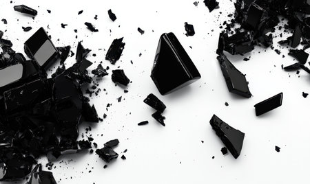 Shattered black glass fragments on white; destruction concept; design backgroundの素材